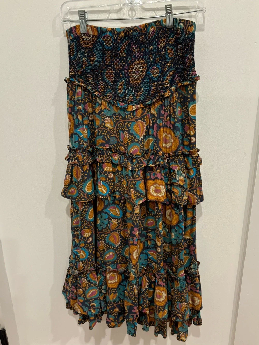 House of Harlow Maxi Skirt Womens Small Smocking Ruffles Bohemian Blue Ochre - Picture 3 of 12
